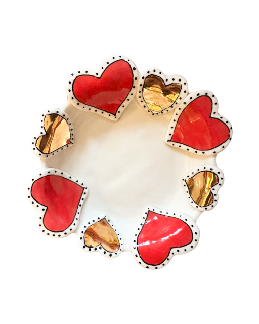 Red & Gold Hearts Small Round Dish