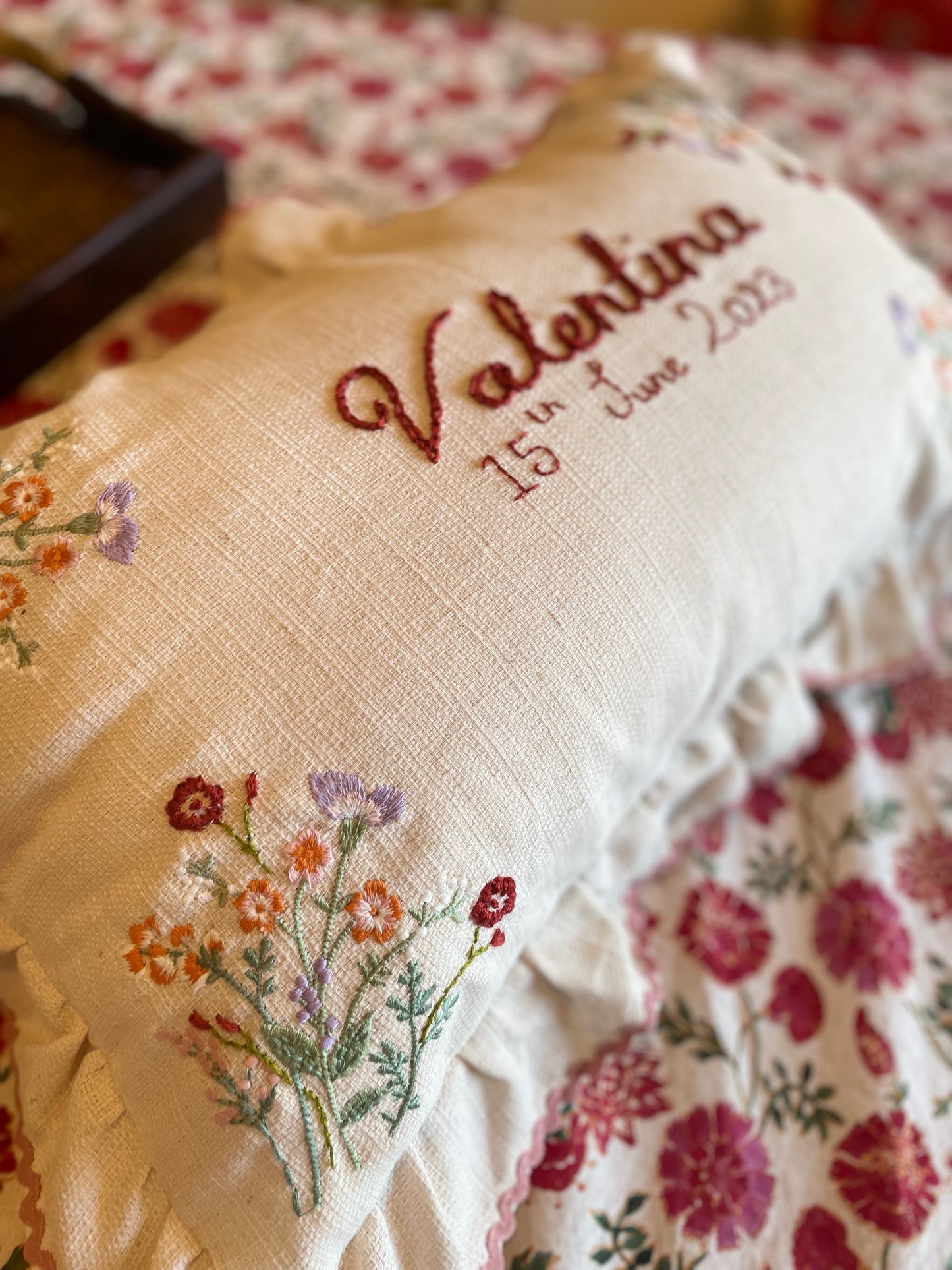 Valentine Ruffle Trim Embroidered Cushion