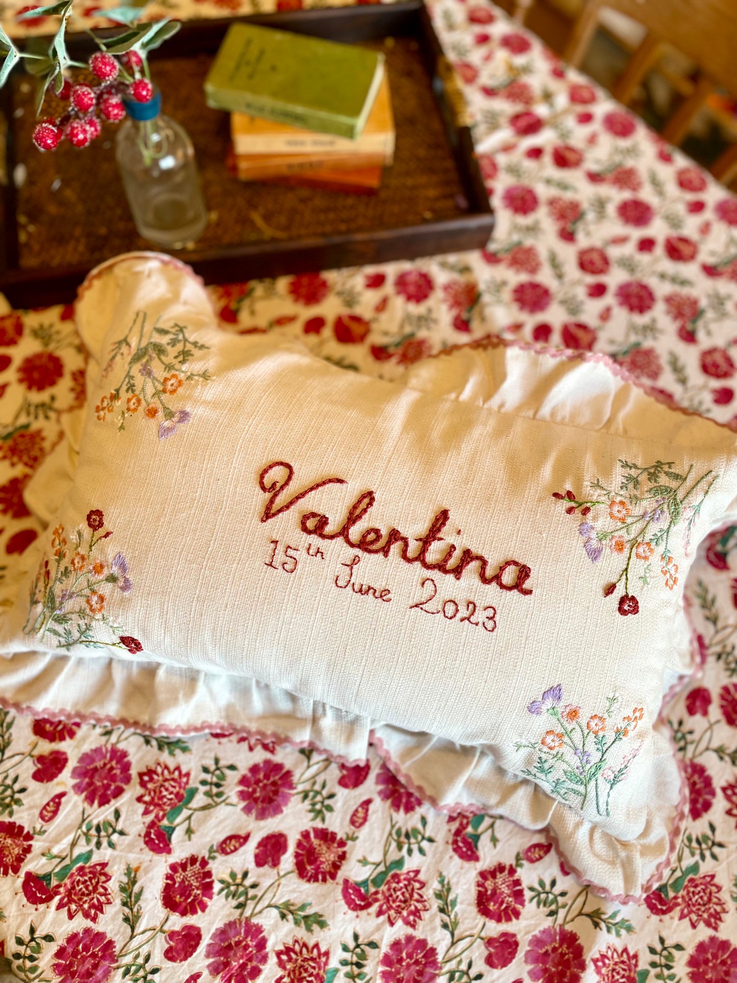 Valentine Ruffle Trim Embroidered Cushion