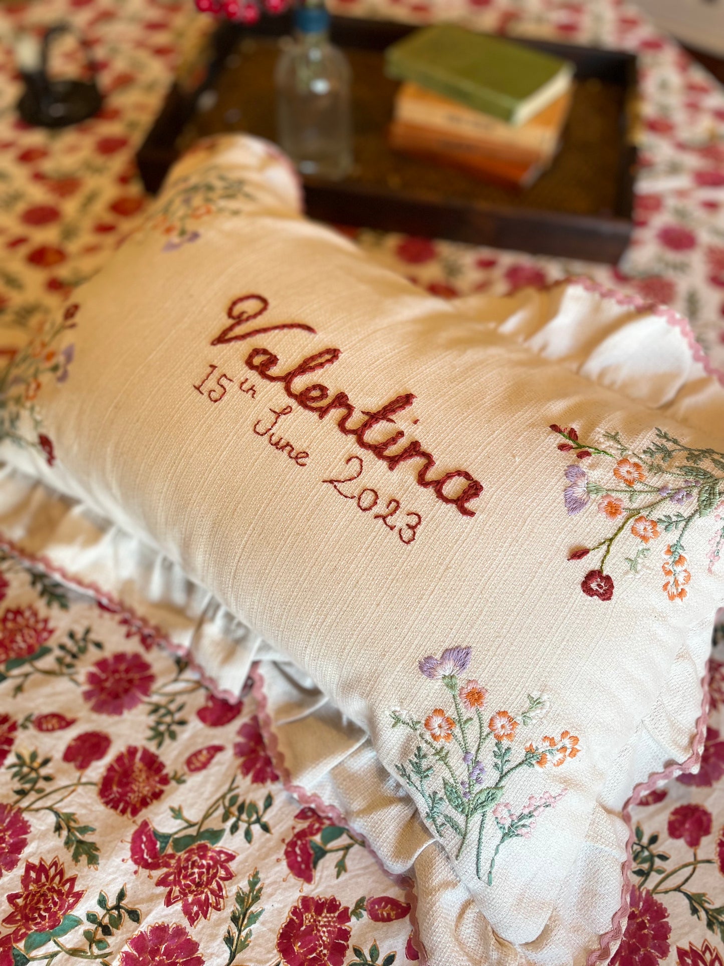 Valentine Ruffle Trim Embroidered Cushion