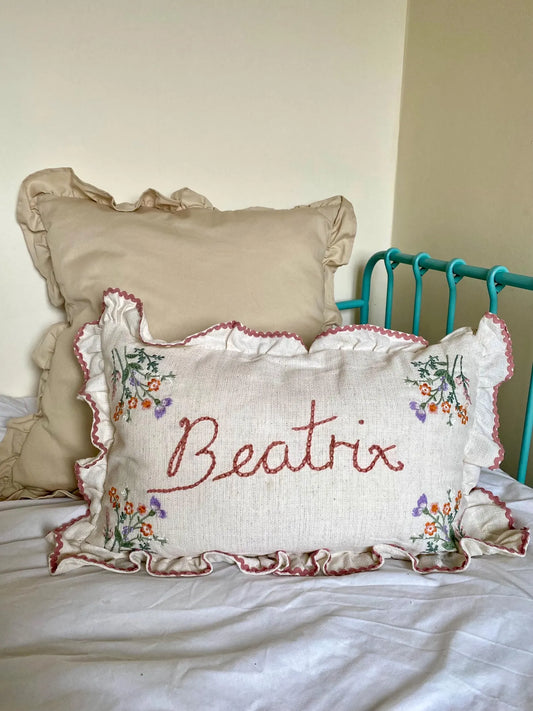 Ruffle Trim Embroidered Cushion